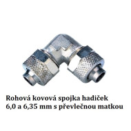 Rohová spojka, kov na hadice 6,0 mm i 1/4'' (6,35 mm)