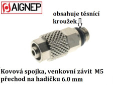 Připojovací redukce s vnějším závitem M5 na hadičku 6 mm - celokov