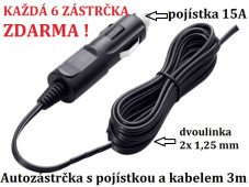 Autozástrčka 12V včetně pojístky 15A a 3 m kabelu - DOPRODEJ