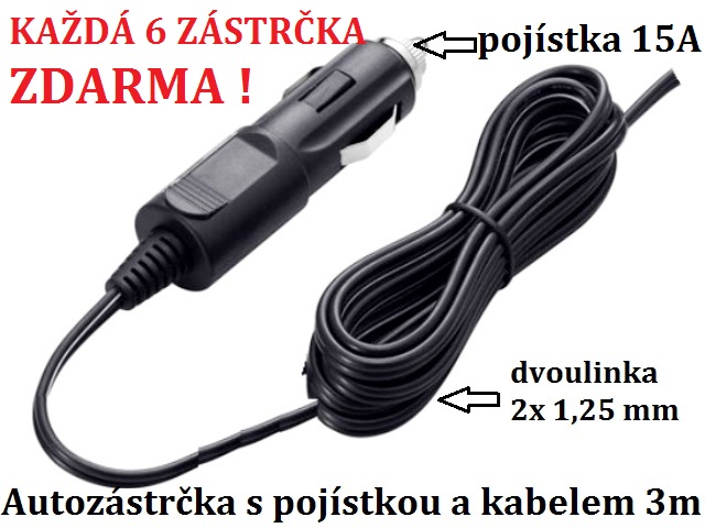 Autozástrčka 12V včetně pojístky 15A a 3 m kabelu - DOPRODEJ
