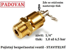 Tlakový pojístný nastavitelný ventil na tlak 1 až 6,5 bar